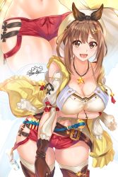 Rule 34 | 1girl, absurdres, ass, atelier (series), atelier ryza, atelier ryza 1, back, blush, breast hold, breasts, brown eyes, brown hair, cleavage, collar, collarbone, female focus, gloves, hair ornament, hairclip, hat, headpiece, highres, hot, huge breasts, jewelry, large breasts, looking at viewer, midriff, navel, necklace, nervous, nez-box, open mouth, red shorts, reisalin stout, ribbon, short hair, short shorts, shorts, solo, sweat, thighhighs, thighs, tongue, white hat, white thighhighs