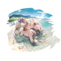 Rule 34 | 1girl, azusa (granblue fantasy), bandaged hand, bandages, beach, bikini, black skirt, blush, braid, breasts, cleavage, day, detached sleeves, draph, flower, granblue fantasy, hair flower, hair ornament, high ponytail, horns, large breasts, long hair, looking at viewer, looking back, minaba hideo, mountain, ocean, official art, outdoors, pointy ears, ponytail, purple bikini, purple flower, red eyes, seashell, shell, single braid, skindentation, skirt, sky, solo, starfish, swimsuit, transparent background, very long hair, water, wet, white hair