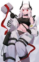 Rule 34 | 1girl, absurdres, arknights, bare shoulders, crop top, demon girl, demon horns, elite ii (arknights), highres, holding, holding weapon, horns, infection monitor (arknights), kohaku sogo, long hair, material growth, mudrock (arknights), mudrock (elite ii) (arknights), navel, oripathy lesion (arknights), pointy ears, red eyes, silver hair, solo, war hammer, weapon