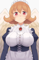 Rule 34 | 1girl, apron, breasts, closed mouth, covered erect nipples, feathered wings, flipped hair, frilled apron, frills, hair between eyes, hair intakes, harpy, highres, ishuzoku reviewers, juliet sleeves, large breasts, light frown, long sleeves, looking at viewer, maid headdress, meidri, monster girl, nekohuman221 (tsun221), orange hair, puffy sleeves, red eyes, short hair, simple background, solo, upper body, white apron, white background, wings