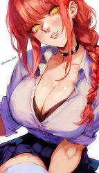 Rule 34 | 1girl, black bra, black choker, bra, braid, breasts, chainsaw man, choker, cleavage, ear piercing, earrings, highres, jewelry, lip piercing, looking at viewer, makima (chainsaw man), piercing, red hair, shirt, simple background, skirt, solo, underwear, vcais, white background, white shirt, yellow eyes