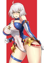 Rule 34 | 1girl, absurdres, ahoge, altronage, armor, bare shoulders, blush, bradamante (fate), bradamante (first ascension) (fate), breasts, cleavage, elbow gloves, fate/grand order, fate (series), faulds, gloves, hair between eyes, highres, jeanne d&#039;arc (fate), jeanne d&#039;arc alter (avenger) (fate), jeanne d&#039;arc alter (fate), large breasts, leotard, looking at viewer, open mouth, red background, short hair, silver hair, thigh strap, thighs, yellow eyes