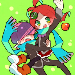Rule 34 | 1boy, 1other, 73 (naa), andou ringo, apple, blush, boots, carrying, chibi, drill hair, food, fruit, green background, green eyes, looking at viewer, princess carry, purple hair, puyo (puyopuyo), puyopuyo, red hair, red skirt, sasaki maguro, scarf, school uniform, skirt