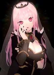 Rule 34 | 1girl, absurdres, black background, black cloak, black dress, black nails, breast hold, breasts, chiyomaru (yumichiyo0606), cleavage, cloak, commentary, dress, hand on own cheek, hand on own face, head tilt, highres, hololive, hololive english, large breasts, lips, long hair, looking at viewer, mori calliope, nail polish, open mouth, pink hair, red eyes, see-through, see-through sleeves, simple background, solo, spikes, straight hair, tiara, upper body, veil, virtual youtuber