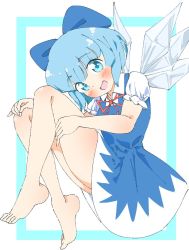 Rule 34 | 1girl, barefoot, blue bow, blue dress, blue eyes, blue hair, blush, bow, cirno, collared shirt, dress, fairy, hair bow, ice, ice wings, looking at viewer, neck ribbon, open mouth, pinafore dress, puffy short sleeves, puffy sleeves, red ribbon, ribbon, shirt, short hair, short sleeves, sleeveless dress, solo, toes, touhou, ukigori, wings