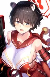 Rule 34 | 1girl, animal ears, bare shoulders, black eyes, black hair, blue archive, blush, breasts, collarbone, elbow gloves, gloves, halo, highres, large breasts, looking at viewer, ninoude (ninoude44), open mouth, raccoon ears, red gloves, red sailor collar, rope, sailor collar, short hair, sideboob, sideless outfit, smile, solo, tabard, tassel, tsubaki (blue archive)