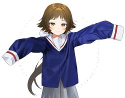 Rule 34 | 1girl, blush, brown eyes, brown hair, closed mouth, commentary, grey skirt, highres, long hair, long sleeves, looking at viewer, meettheton, mikakunin de shinkoukei, mitsumine mashiro, outstretched arms, oversized clothes, pleated skirt, ponytail, sailor collar, school uniform, skirt, sleeves past fingers, sleeves past wrists, smile, solo, white background, white sailor collar