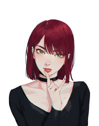 Rule 34 | 1girl, \m/, black choker, black shirt, blush, choker, cocoro moto, collarbone, commentary, finger to mouth, green eyes, hand up, head tilt, highres, medium hair, mole, mole on chest, mole under eye, nose, original, parted bangs, parted lips, red hair, scoop neck, shirt, simple background, solo, straight hair, symbol-only commentary, thick lips, white background