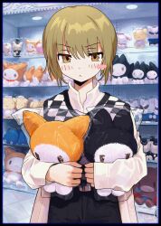 Rule 34 | 1girl, :&lt;, absurdres, blonde hair, blush stickers, checkered clothes, closed mouth, film grain, high-waist pants, highres, holding, holding stuffed toy, jacket, long sleeves, looking at viewer, off shoulder, orange eyes, original, oyasumi guu guu, pants, plastic wrap, shelf, short hair, signature, solo, stuffed toy, sweater vest, toy store, upper body, white jacket, white pants