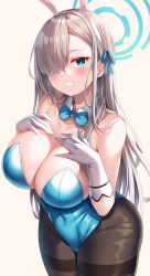 Rule 34 | 1girl, absurdres, animal ears, asuna (blue archive), asuna (bunny) (blue archive), bad id, bad twitter id, bare shoulders, blue archive, blue eyes, blue leotard, blush, bow, bowtie, breasts, cleavage, detached collar, fake animal ears, gloves, grin, hair over one eye, highres, large breasts, leotard, light brown hair, long hair, looking at viewer, mole, mole on breast, nano (syoutamho), pantyhose, playboy bunny, rabbit ears, revision, smile, solo, thighs, traditional bowtie, white gloves