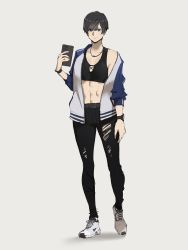 Rule 34 | 1girl, abs, black hair, black leggings, blue eyes, cellphone, collarbone, highres, jacket, jewelry, leggings, mole, muscular, muscular female, necklace, original, pen guin15, phone, short hair, smartphone, smile, solo, sports bra, sportswear, tomboy, toned, torn clothes, watch, wristwatch