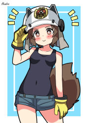 Rule 34 | 1girl, :&gt;, absurdres, alternate costume, arknights, artist name, black one-piece swimsuit, blue background, blue shorts, blush, border, breasts, bright pupils, brown eyes, brown hair, commentary request, fire helmet, firefighter, gloves, hendra, highres, inset border, looking at viewer, notice lines, one-piece swimsuit, shaw (arknights), short hair, shorts, simple background, small breasts, solo, squirrel tail, swimsuit, swimsuit under clothes, tail, white background, white pupils, yellow gloves