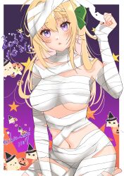 Rule 34 | 1girl, absurdres, bandages, blonde hair, braid, braided bangs, breasts, commentary request, dated, ghost, halloween, highres, kantai collection, large breasts, long hair, mummy costume, navel, one-hour drawing challenge, perth (kancolle), shiomugi (shio mugi1107), sitting, solo