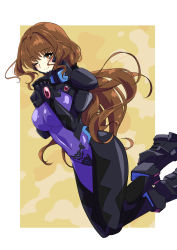 Rule 34 | airborne, blush, bodysuit, border, breasts, bright pupils, brown eyes, brown hair, covered navel, fortified suit, highres, jinguuji marimo, kamon rider, long hair, looking at viewer, low ponytail, medium breasts, muv-luv, muv-luv alternative, muv-luv alternative (anime), one eye closed, outside border, smile, white border, white pupils, yellow background