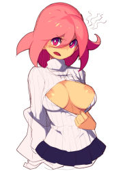 Rule 34 | 1girl, bad id, blush, breasts, bright pupils, cleavage, cleavage cutout, clothes tug, clothing cutout, inverted nipples, large breasts, looking at viewer, meme attire, metata, nipples, open-chest sweater, original, pink eyes, pink hair, ribbed sweater, short hair, solo, sweater, sweater tug, white pupils