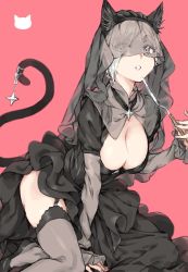 Rule 34 | 1girl, animal ears, black dress, black footwear, breasts, cat ears, cat girl, cat tail, character request, cleavage, copyright request, dress, fingernails, grey eyes, haimura kiyotaka, highres, large breasts, pink background, simple background, solo, tail, thighhighs, thighs, toaru majutsu no index, toaru majutsu no index: imaginary fest, veil, white hair