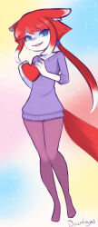 Rule 34 | 1girl, animal ears, blue eyes, box, box of chocolates, drantyno, furry, heart, highres, holding, long hair, looking at viewer, multicolored background, multicolored hair, open mouth, pantyhose, ponytail, purple pantyhose, purple sweater, red hair, short sleeves, smile, sparkle, standing, streaked hair, sweater, teeth, valentine, white fur, white hair