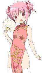 Rule 34 | 1girl, :d, alternate costume, alternate hairstyle, arm at side, bare arms, bare shoulders, breasts, china dress, chinese clothes, commentary request, covered navel, dot nose, double bun, dress, eyes visible through hair, floral print, hair bun, hair ribbon, hand fan, hand up, happy, head tilt, highres, holding, holding fan, kaname madoka, light blush, looking at viewer, mahou shoujo madoka magica, mahou shoujo madoka magica (anime), open mouth, pink dress, pink eyes, pink hair, red ribbon, ribbon, shaded face, shiny skin, side slit, simple background, small breasts, smile, solo, standing, thighhighs, thighs, tsubaki (tatajd), underboob, upper body, white background, white thighhighs
