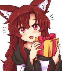 Rule 34 | 1girl, :d, animal ear fluff, animal ears, blush, box, brooch, brown hair, commentary, dress, eyelashes, fang, flying sweatdrops, gift, gift box, hair between eyes, holding, holding box, imaizumi kagerou, jewelry, long hair, long sleeves, looking at viewer, open mouth, red eyes, simple background, smile, solo, touhou, upper body, white background, white dress, wolf ears, wool (miwol)