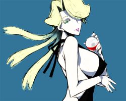 Rule 34 | 1girl, backless dress, backless outfit, black dress, blonde hair, blue background, blue eyes, breasts, creatures (company), dress, elite four, game freak, ggarden, glacia (pokemon), hair over one eye, holding, holding poke ball, huge breasts, lipstick, long hair, looking at viewer, looking to the side, makeup, nintendo, poke ball, poke ball (basic), pokemon, pokemon oras, pokemon rse, sideboob, simple background, smile, solo, upper body