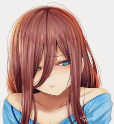 Rule 34 | 1girl, bare shoulders, blue eyes, blue shirt, brown hair, closed mouth, collarbone, commentary request, go-toubun no hanayome, grey background, hair between eyes, hoshi san 3, medium hair, nakano miku, pajamas, portrait, pout, shirt, simple background, sleepwear, solo