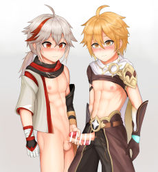 Rule 34 | 2boys, abs, absurdres, aether (genshin impact), ahoge, bandaged hand, bandages, bar censor, blonde hair, blush, brown gloves, brown shirt, bulge, bulge press, bulges touching, cape, censored, closed mouth, clothes lift, crop top, djinoi, earrings, fingerless gloves, genshin impact, gloves, hair between eyes, hakama, highres, japanese clothes, jewelry, kaedehara kazuha, male focus, medium hair, midriff, multicolored hair, multiple boys, muscular, muscular male, navel, nipples, open clothes, open shirt, orange cape, orange eyes, penis, penises touching, ponytail, red eyes, red hair, scarf, shirt, shirt lift, short hair, short ponytail, streaked hair, testicles, white hakama, yaoi, yellow eyes