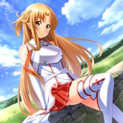 Rule 34 | 1girl, arm support, armor, asuna (sao), blonde hair, blue sky, blush, breastplate, brown eyes, cloud, day, detached sleeves, dutch angle, floating hair, head tilt, highres, long hair, long sleeves, looking at viewer, miniskirt, nyanmaru, outdoors, pleated skirt, red skirt, sitting, skirt, sky, smile, solo, sword art online, thighhighs, very long hair, white armor, white sleeves, white thighhighs, zettai ryouiki