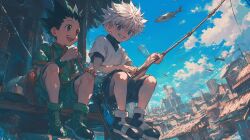 Rule 34 | 2boys, black hair, blue eyes, blue sky, bright pupils, brown eyes, cloud, commentary, english commentary, fish, fishing, fishing rod, flying fish, full body, gon freecss, grin, happy, holding, holding fishing rod, hunter x hunter, killua zoldyck, layered clothes, looking ahead, looking at viewer, male focus, messy hair, multiple boys, open mouth, outdoors, short hair, shorts, sitting, sky, smile, spiked hair, tarte (hodarake), teeth, upper teeth only, white hair