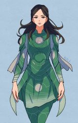 Rule 34 | 1girl, absurdres, animification, black hair, blue background, bodysuit, brown eyes, capelet, earrings, eternals (marvel), expressionless, floating hair, green bodysuit, green skirt, grey capelet, highres, jewelry, long hair, marvel, marvel cinematic universe, mole, mole above mouth, parted bangs, sersi (marvel), skirt, solo, sushi pizza rrr