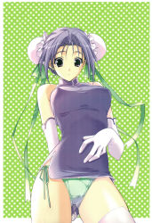 Rule 34 | 1girl, bare shoulders, bun cover, china dress, chinese clothes, double bun, dress, elbow gloves, gloves, grey hair, hair ribbon, highres, panties, red eyes, ribbon, scan, short hair, side-tie panties, solo, suzuhira hiro, thighhighs, underwear