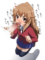 Rule 34 | 00s, 1boy, 1girl, aisaka taiga, black thighhighs, blue skirt, blush, brown eyes, brown hair, clenched hand, cum, dot nose, fellatio, from above, full-face blush, heart, hetero, kneeling, legs together, licking, licking penis, long hair, long sleeves, looking at viewer, neck ribbon, open mouth, oral, penis, petite, pleated skirt, precum, red shirt, ribbon, school uniform, shirt, simple background, skirt, solo focus, teeth, thighhighs, tongue, tongue out, toradora!, uncensored, upper teeth only, veins, veiny penis, watarabe keiichi, white background