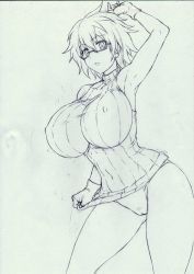 Rule 34 | 1girl, ahoge, arm up, armpits, aussa (yu-gi-oh!), aussa the earth charmer, breasts, cowboy shot, duel monster, glasses, highres, huge breasts, lineart, looking at viewer, monochrome, panties, pussy, reebi, scan, sleeveless, solo, standing, traditional media, uncensored, underwear, white background, yu-gi-oh!, yu-gi-oh! duel monsters