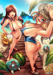 Rule 34 | 1990s (style), 2girls, alcohol, ass, bare shoulders, barefoot, beach, beer, bikini, blonde hair, blue eyes, blue one-piece swimsuit, breasts, breasts apart, brown eyes, brown hair, bursting breasts, casual one-piece swimsuit, chocobo, cleavage, commission, covered erect nipples, crossover, day, feet, final fantasy, final fantasy vii, food, fruit, hat, hip focus, jewelry, large breasts, legs, leotard, lips, long hair, looking over eyewear, looking over glasses, md5 mismatch, metroid, metroid (creature), micro bikini, mountain, multiple girls, navel, necklace, nintendo, ocean, one-piece swimsuit, outdoors, palm tree, red-tinted eyewear, red-tinted glasses, red bikini, reiq, resized, resolution mismatch, retro artstyle, revealing clothes, sagging breasts, samus aran, sand, sandals, sideboob, standing, straw hat, summer, sunglasses, swimsuit, thong leotard, tifa lockhart, tinted eyewear, tree, upscaled, water, watermelon
