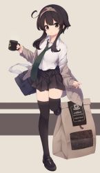 Rule 34 | 1girl, ahoge, bag, black footwear, black hair, black skirt, black thighhighs, brown cardigan, brown eyes, cardigan, coffee beans, coffee mug, collared shirt, cup, english text, green necktie, hairband, holding, holding cup, loafers, long hair, long sleeves, looking at viewer, mug, natsuki teru, necktie, off shoulder, open cardigan, open clothes, original, paper bag, pleated skirt, school bag, school uniform, shikibe ayaka, shirt, shoes, short hair with long locks, skirt, sleeves past wrists, solo, standing, standing on one leg, thighhighs, white shirt