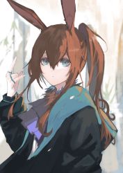 Rule 34 | 1girl, amiya (arknights), animal ears, arknights, ascot, black coat, blue ascot, blue eyes, blurry, blurry background, brown hair, closed mouth, coat, commentary, english commentary, expressionless, eyelashes, hair between eyes, highres, hood, hooded coat, jewelry, long hair, looking at viewer, m/, mm30212, multiple rings, open clothes, open coat, ponytail, rabbit ears, ring, sidelocks, solo, upper body