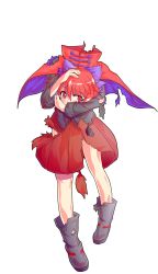 Rule 34 | 1girl, alphes (style), boots, bow, cape, dairi, disembodied head, full body, hair bow, hand on own head, headless, highres, looking at viewer, parody, red eyes, red hair, sekibanki, shirt, skirt, solo, style parody, tears, torn cape, torn clothes, torn shirt, torn skirt, touhou, transparent background, white background