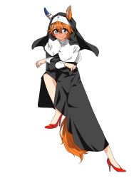 Rule 34 | 1girl, animal ears, black dress, blush, character request, closed mouth, commentary, crossed arms, dress, ears through headwear, full body, hair between eyes, high heels, highres, horse ears, horse girl, horse tail, long dress, nerukichikatafukuma, nun, orange hair, red footwear, simple background, smile, solo, tail, umamusume, v-shaped eyebrows, white background, yellow eyes