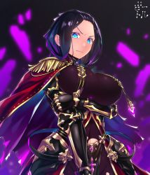 Rule 34 | &gt;:|, 1girl, :|, armor, bettle (b s a n), black background, black hair, blue eyes, breasts, cape, closed mouth, covered navel, epaulettes, gauntlets, hikage (sennen sensou aigis), large breasts, looking at viewer, red cape, sennen sensou aigis, solo, standing, v-shaped eyebrows