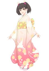 Rule 34 | 1girl, :d, furisode, highres, japanese clothes, kimono, long sleeves, obi, obijime, open mouth, original, sash, smile, socks, varitora