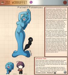 Rule 34 | 1boy, 2girls, ahoge, arms up, artist name, black hair, black skin, blue hair, blue skin, blunt bangs, bob cut, breasts, brown background, character name, character profile, closed eyes, colored skin, commentary, creatures (company), english commentary, english text, game freak, gen 2 pokemon, highres, kinkymation, long hair, medium breasts, mini person, minigirl, multiple girls, navel, nintendo, no nipples, open mouth, personification, poke ball, poke ball (basic), pokemon, short hair, uncensored, wobbuffet