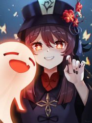 Rule 34 | 1girl, absurdres, black hat, black nails, brown hair, chinese clothes, fang, flower, flower-shaped pupils, foxyreine, genshin impact, ghost, gradient hair, grin, hand up, hat, hat flower, highres, hu tao (genshin impact), huge filesize, jewelry, long hair, looking at viewer, multicolored hair, nail polish, plum blossoms, red eyes, ring, smile, solo, symbol-shaped pupils, upper body