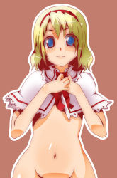 Rule 34 | 1girl, alice margatroid, blonde hair, blue eyes, bottomless, capelet, female focus, groin, navel, out-of-frame censoring, short hair, smile, solo, toudori, touhou