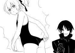 Rule 34 | 1boy, 1girl, adjusting clothes, adjusting swimsuit, ass, competition school swimsuit, darker than black, flat chest, greyscale, hei (darker than black), kani biimu, looking at viewer, looking back, mask, monochrome, one-piece swimsuit, school swimsuit, short hair, simple background, swimsuit, thumbs up, white background, yin (darker than black)