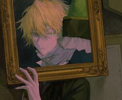 Rule 34 | 1boy, black jacket, blonde hair, closed mouth, commentary request, frilled sleeves, frills, green eyes, green jacket, hair between eyes, hand on another&#039;s chin, hand up, heterochromia, highres, holding frame, jack vessalius, jacket, konekoy, long sleeves, looking at viewer, male focus, out of frame, outside border, oz vessalius, pandora hearts, popped collar, portrait, red eyes, shirt, short hair, solo focus, white shirt