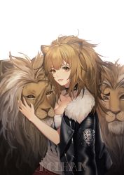 Rule 34 | 1girl, absurdres, animal ears, arknights, artist name, bare shoulders, blonde hair, blush, breasts, cleavage, collarbone, commentary request, fur-trimmed jacket, fur trim, hair between eyes, highres, jacket, koi han, large breasts, lion, lion ears, long hair, looking at viewer, parted lips, siege (arknights), smile, solo, tank top, upper body, yellow eyes
