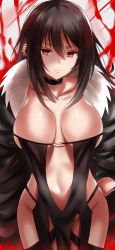 Rule 34 | 1girl, bad id, bad pixiv id, bare shoulders, black dress, breasts, brown hair, center opening, choker, closed mouth, collarbone, dress, earrings, fary5, fate/grand order, fate (series), frown, fur trim, groin, highres, jacket, jewelry, long hair, looking at viewer, medium breasts, multiple earrings, navel, red eyes, revealing clothes, shiny skin, sidelocks, solo, strapless, strapless dress, tsurime, very long hair, yu mei-ren (fate)