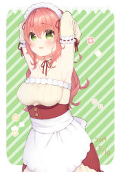 Rule 34 | 1girl, aizawa85, apron, armpits, arms up, blush, breasts, brown choker, brown hair, brown sleeves, choker, collarbone, commentary request, dated, detached sleeves, diagonal stripes, green eyes, hair between eyes, long hair, long sleeves, looking at viewer, maid, medium breasts, open mouth, original, red ribbon, red skirt, ribbon, ribbon-trimmed choker, ribbon-trimmed sleeves, ribbon trim, skirt, solo, striped, striped background, underbust, very long hair, waist apron, white apron