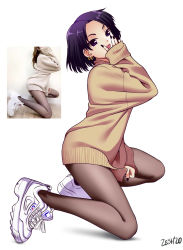 Rule 34 | 1girl, 2020, :p, absurdres, black hair, earrings, female focus, full body, highres, jewelry, kneeling, legs, looking at viewer, matching hair/eyes, nail polish, pantyhose, purple eyes, purple hair, shoes, short hair, signature, simple background, sneakers, solo, sweater, thighs, tongue, tongue out, tsurime, white background