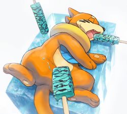 Rule 34 | buizel, closed eyes, commentary request, creatures (company), fang, food, game freak, gen 4 pokemon, guodon, ice, lying, mint chocolate, mint chocolate chip, nintendo, no humans, on side, open mouth, pokemon, pokemon (creature), popsicle, sexually suggestive, solo, sparkle, stick, sweatdrop, toes, tongue