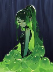 Rule 34 | 1girl, bare shoulders, black background, breasts, closed mouth, from side, frown, green eyes, green hair, high ponytail, highres, light particles, liquid hair, long hair, looking at viewer, medium breasts, monster girl, original, pointy ears, ponytail, skin tight, sleeveless, slime (substance), slime girl, solo, urutakohaku, very long hair